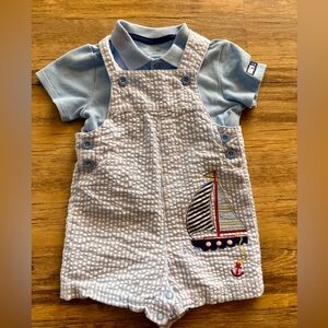 Little Me Seersucker Jon Jon Shortall with Embroidered Sailboat design